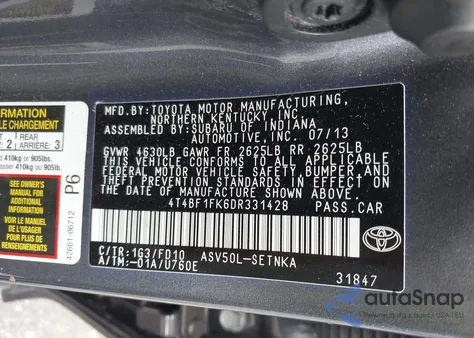 2013 Toyota Camry Le z USA, uszkodzony, nr VIN 4T4BF1FK6DR331428